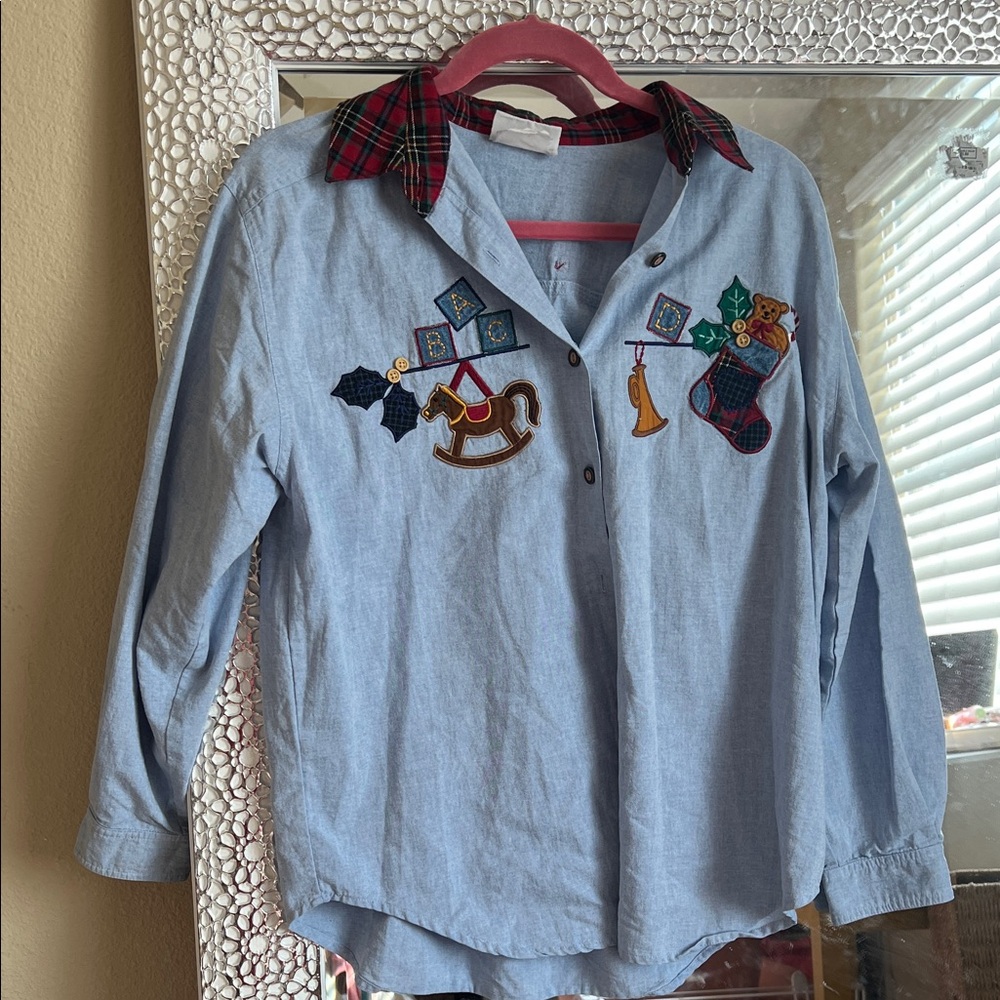 Jantzen Blue Button Down Shirt with Embroidered Accents